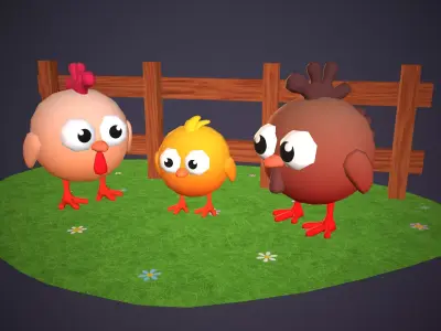 Cartoon Chicken Family Low-poly 3D model