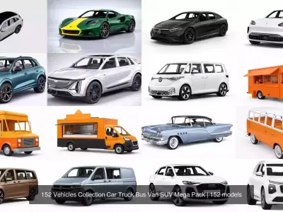 152 Vehicles Collection Car Truck Bus Van SUV Mega Pack