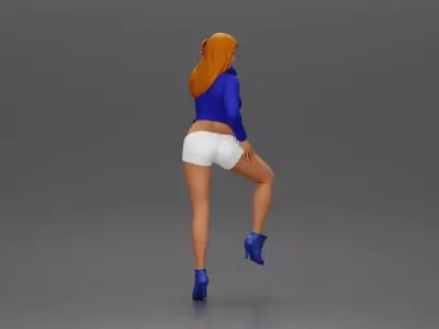 Woman in blue top and white shorts posing on a motorbike 3D print model