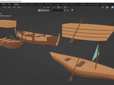 Wooden boats with separate oars Low-poly 3D model