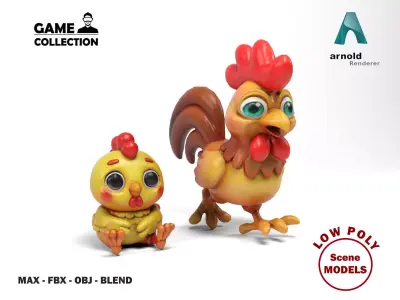 Funny hen and chick Low-poly 3D model
