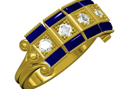 Antique Four Diamond and Baguette Stone Engagement Ring 3D print model