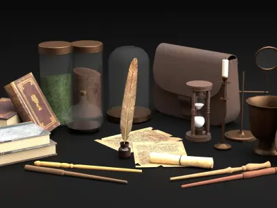 Wizard Student stuff for magical classroom Low-poly 3D model