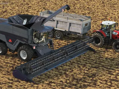 Harvester Massey Ferguson with Tractor with Agricultural Trailer 3D model
