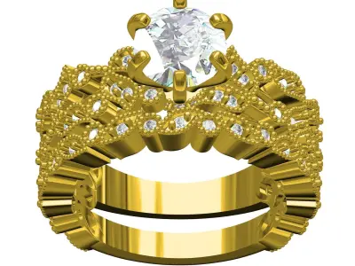 Antique Floral Design Solitaire Ring with Band 3D print model