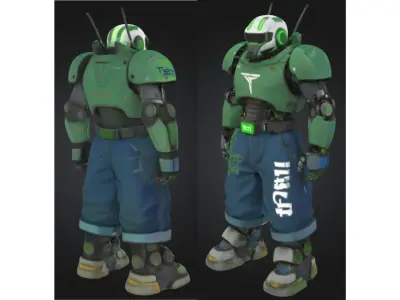 Futuristic Combat Robot in Green Armor Low-poly 3D model