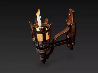Medieval Iron Wall Torch with Candle - PBR 3D Model Low-poly 3D model