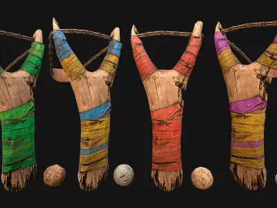 Medieval Wooden Slingshot Colored Set Pack Low-poly 3D model