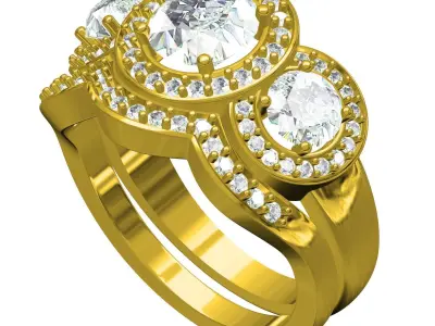 Triple Round Halo Engagement Ring with Band 3D print model