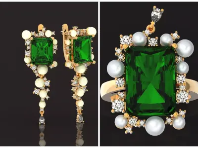vintage set ring earrings with pearls and radiant 1251 3D Model Pack