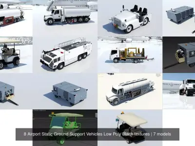 8 Airport Static Ground Support Vehicles Low Poly Blank textures 3D Model Pack