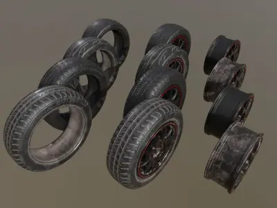Clean and worn 2 tires and rim collection game ready Low-poly 3D model
