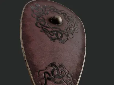 Slavic kite leather shield-painted red with uroboros symbol Low-poly 3D model