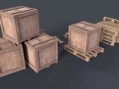 Wooden Pallet Box set game ready Low-poly 3D model