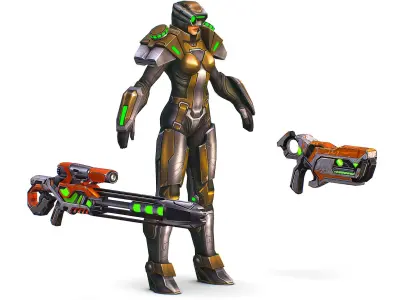 Cartoon Sci-Fi Cyborg Drone Sniper Soldier Low-poly 3D model get