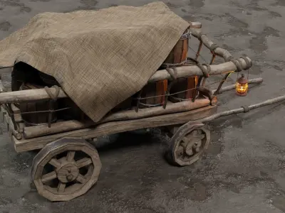 A stylized medieval cart with a lamp and barrels of linen Low-poly 3D model