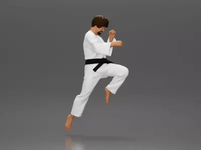 Karate Practitioner in Gi Performing a Jumping Martial Arts Move 3D print model