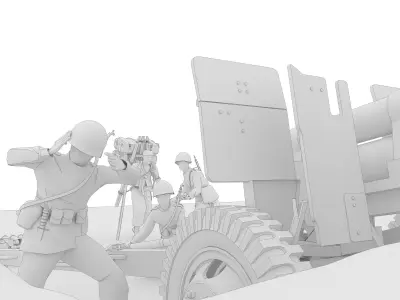 Korean soldiers firing 105mm howitzers during the Korean War 3D model