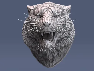 Angry Tiger Head Animal Sculpture Stripes 3D model