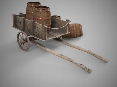 Low-poly 3D model collection of cart and wooden barrels Low-poly 3D model