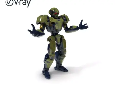 Armored Combat Android with Red Eyes and Military Design Low-poly 3D model