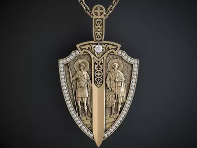 A PENDANT IN THE SHAPE OF A SHIELD WITH IMAGES OF SAINTS 3D print model