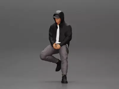 Man in a hooded sweatshirt and cap leaning on the car 3D print model