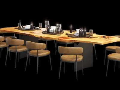 Urban hardwoods dining slab table with tableware 3D model