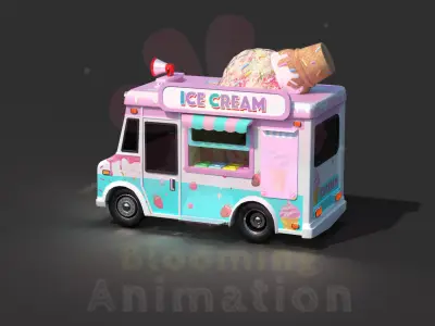 Low Poly Game Ready Ice-Cream Truck with PBR textures Low-poly 3D model
