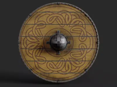 Slavic round wooden shield-painted yellow with nordic symbol Low-poly 3D model