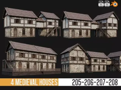205-206-207-208 Old Medieval Houses Pack 4K Textures Low-poly 3D model