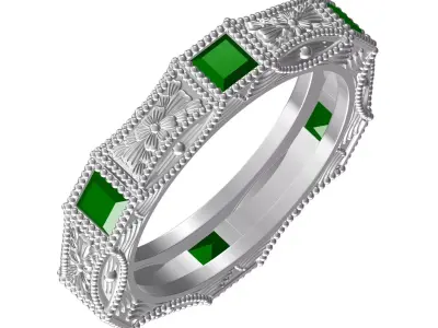 Antique Green Princess Diamond Engraving Wedding Band 3D print model