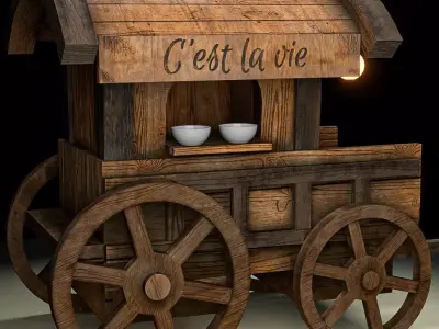 Carriage wooden cart with lights Low-poly 3D model