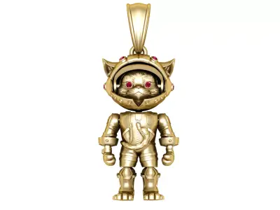Golden Astronaut Cat Pendant with Red Gemstone Eyes 3D print model