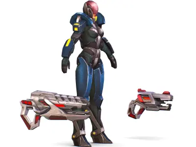 Woman Cyborg - Female Soldier with Rifle and Pistol Low-poly 3D model