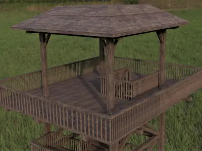 Watchtower wooden tower with stairs in middle of grassy field Free low-poly 3D model