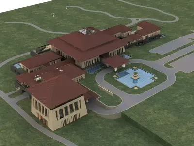 Villa building with pool and fountain 3D model
