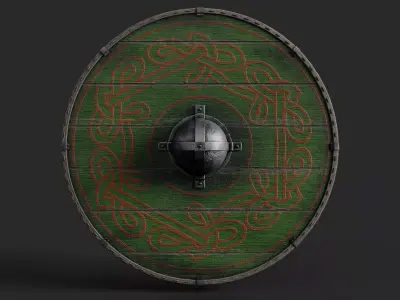 Slavic round wooden shield-painted green with red nordic symbol Low-poly 3D model