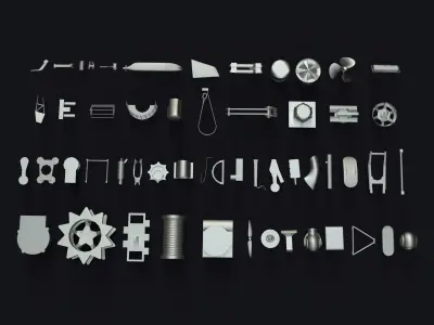 Kitbash metal tools arranged Low-poly 3D model