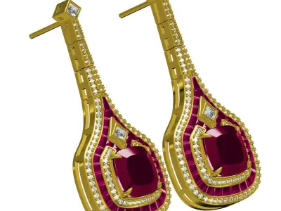Antique Pink Sapphire stone and Round Diamond Art Deco Earring 3D print model