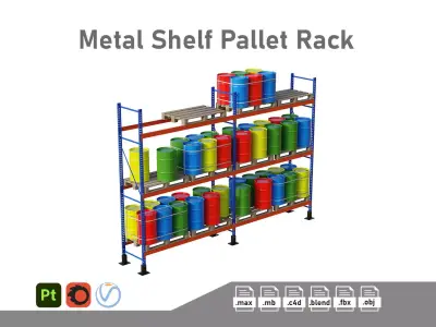 Metal Shelf Pallet Rack And Barrels 3D model