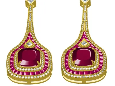 Antique Pink Sapphire stone and Round Diamond Art Deco Earring 3D print model