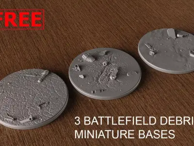 FREE -  3 BATTLEFIELD DEBRIS BASES 100 mm 3D Print Ready  Free 3D print model