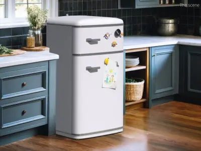 Vintage Fridge with Decorative Magnets and Child Drawing 3D model