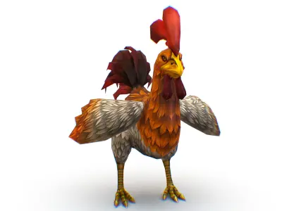 Colorful Rooster With Red Tail Detailed Feathers Low-poly 3D model