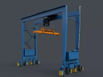 PBR Rubber Tyred Gantry Crane RTG V2 - Blue Light Low-poly 3D model