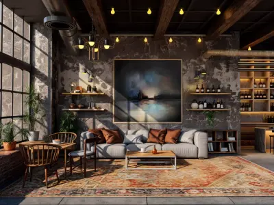 Industrial coffee shop interior scene 3D model