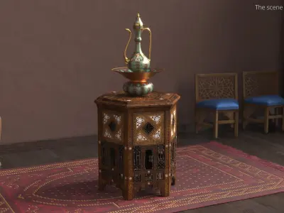  Middle Eastern Pitcher Set on Hand-Carved Side Table 