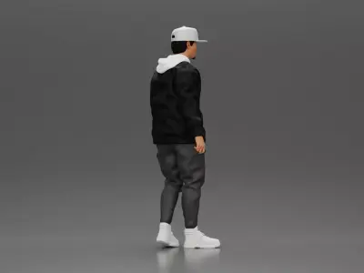 urban man walking in black jacket white hoodie cap and sneakers 3D print model