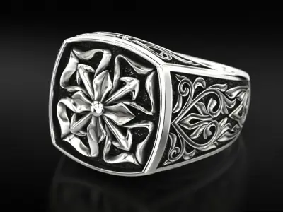 Antique ring with patterns and a cross 735 3D print model